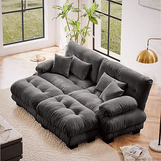 Cloud Couch Sleeper Sofa w/ 2 Ottomans, Chenille & Pillows, Gray