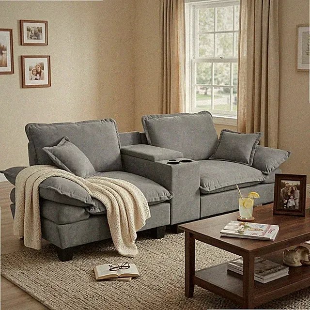 Cloud Couch Sofa 2-Seater w/ Cup Holders, USB Port & Ottoman in Grey Chenille
