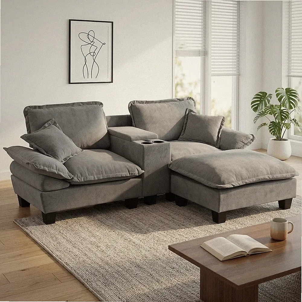 Cloud Couch Sofa Sectional L-Shape w/ USB Port, Cup Holders & Storage