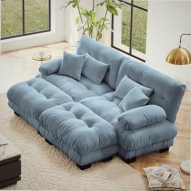 Cloud Couch Sofa Sleeper 2-Seater Chenille Blue w/ 2 Ottomans & Pillows