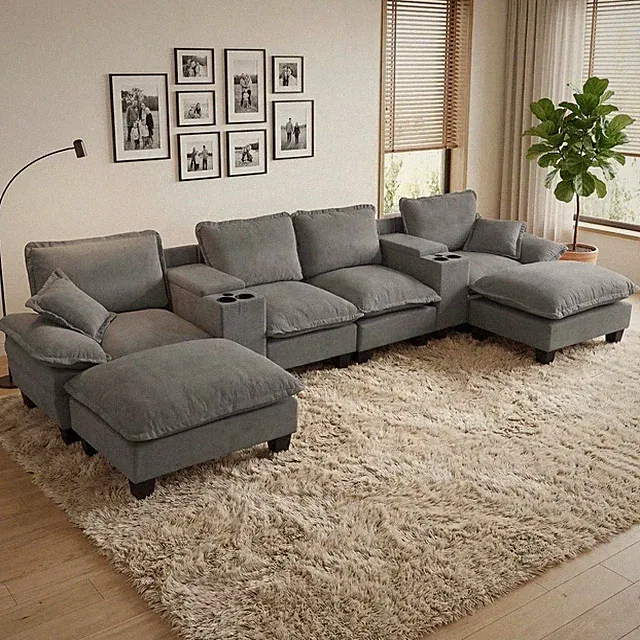 Cloud Couch U-Shape Sofa w/ Storage Cup Holders USB & 2 Ottomans, 6-Seat, Grey