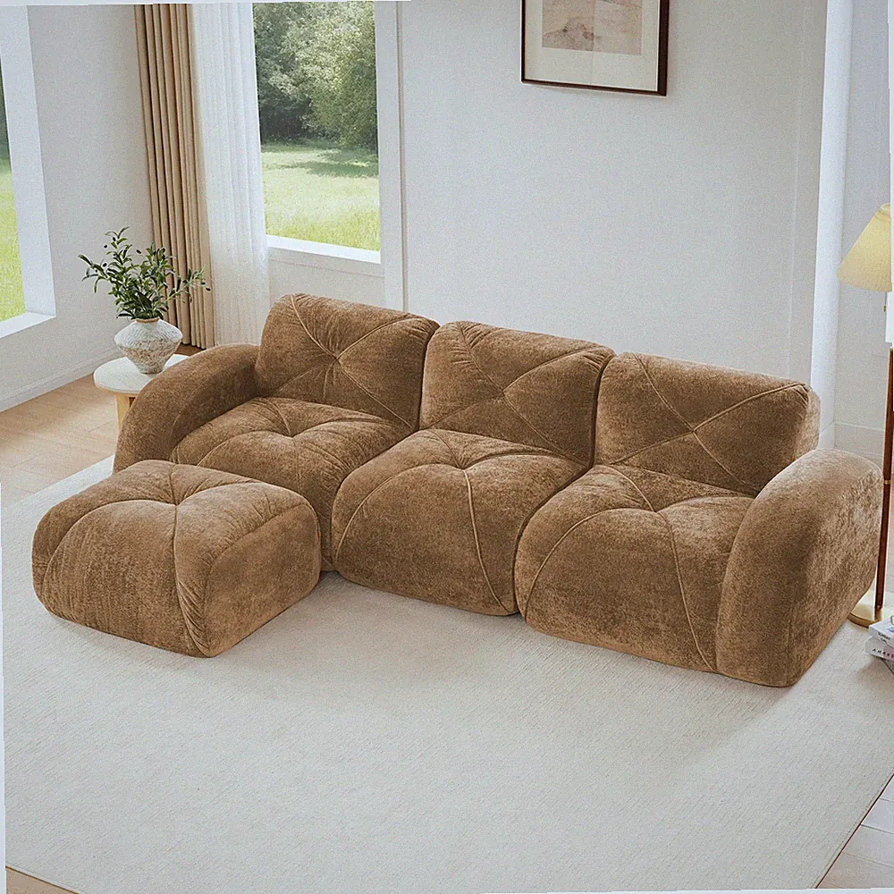 Cloud Couch, Velvet L-Shape Sectional Sofa w/ Ottoman, No Assembly, Camel