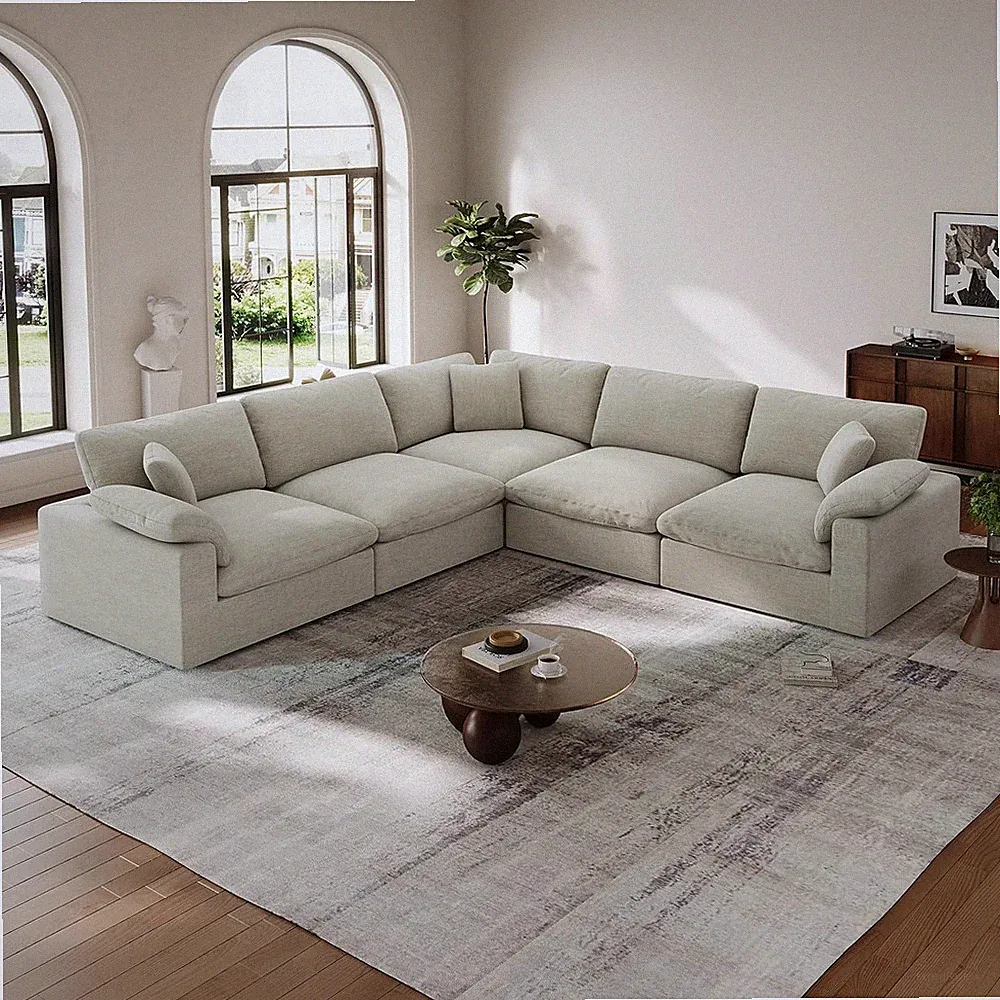 Cloud Modular Couch for Living Room,5 Seat V Shape Linen Blend Sofas,Modern Deep