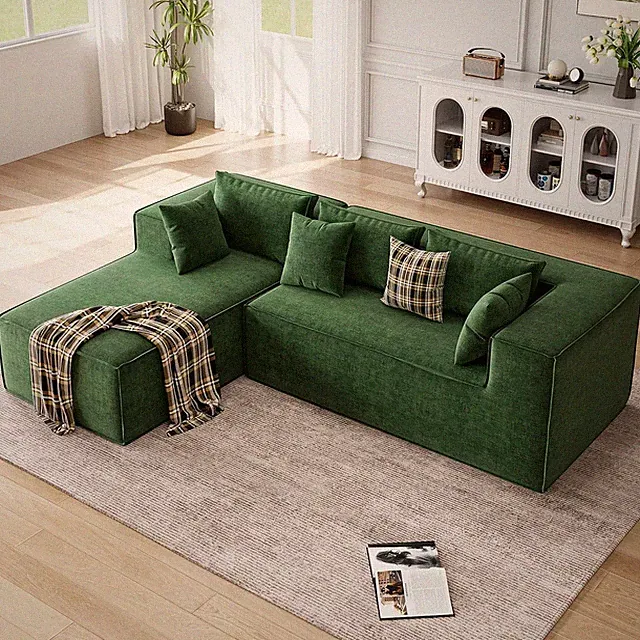 Cloud Modular L-Shape Sectional Couch with Chaise in Chenille Green