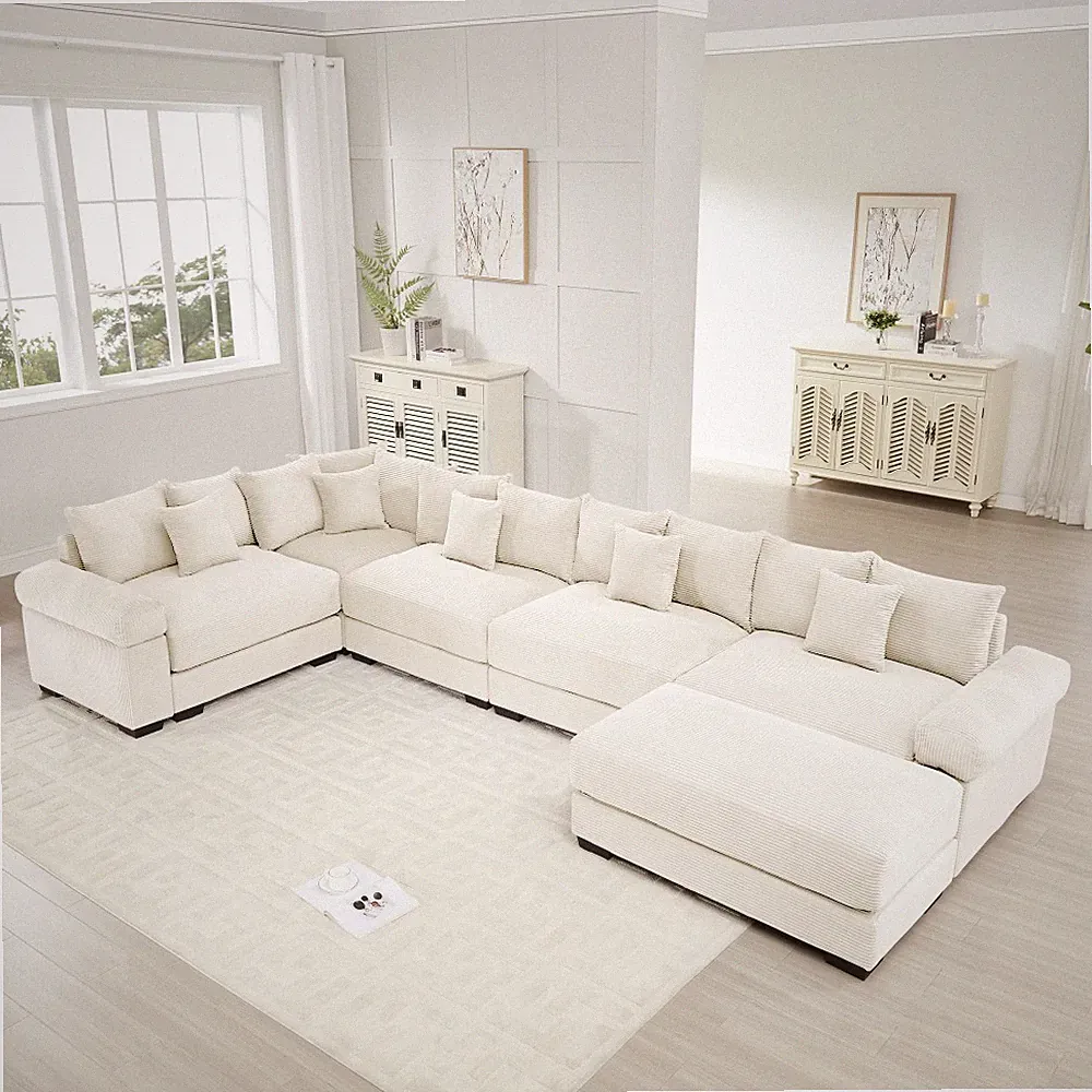 Cloud Modular Sectional Sofa w/ Ottoman, Corduroy Fabric, for Living Room, Cream