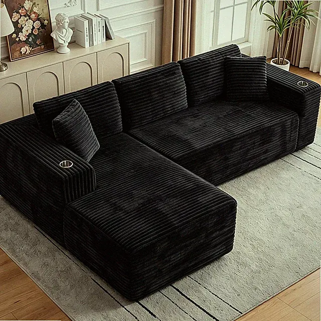 Cloud Modular Sectional Sofa with Cup Holders & L-Shaped Chaise, Black