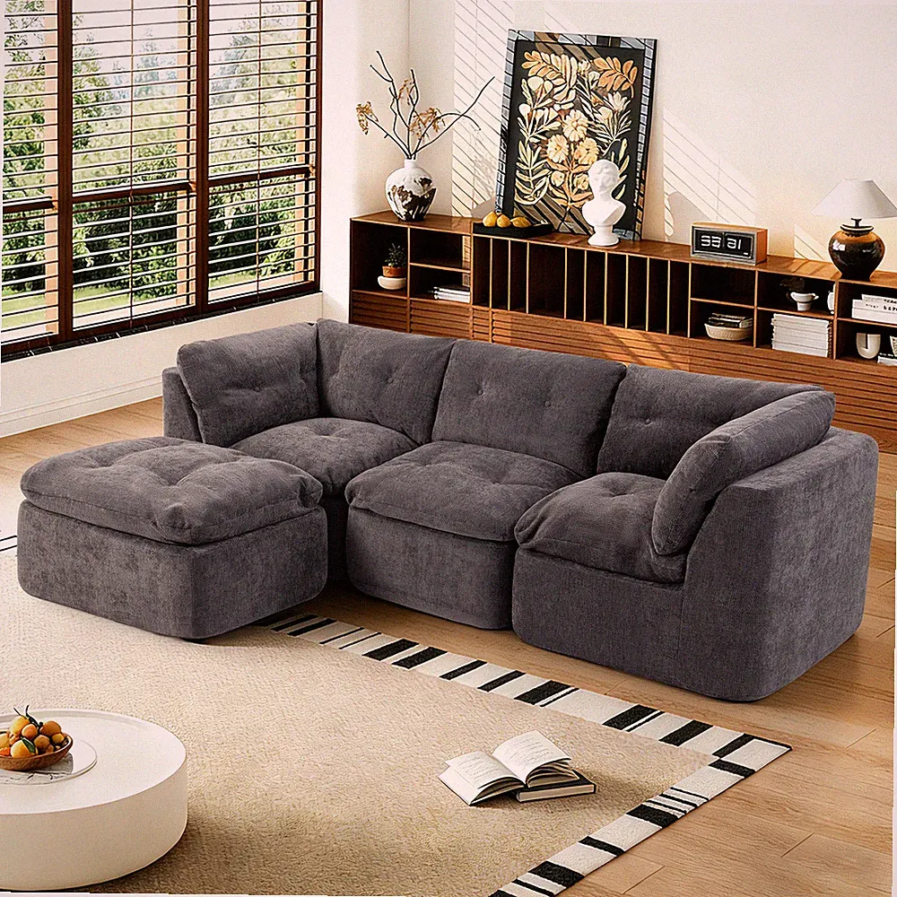 Cloud Modular Sectional Sofa with Ottoman, L-Shaped, Dark Grey Chenille