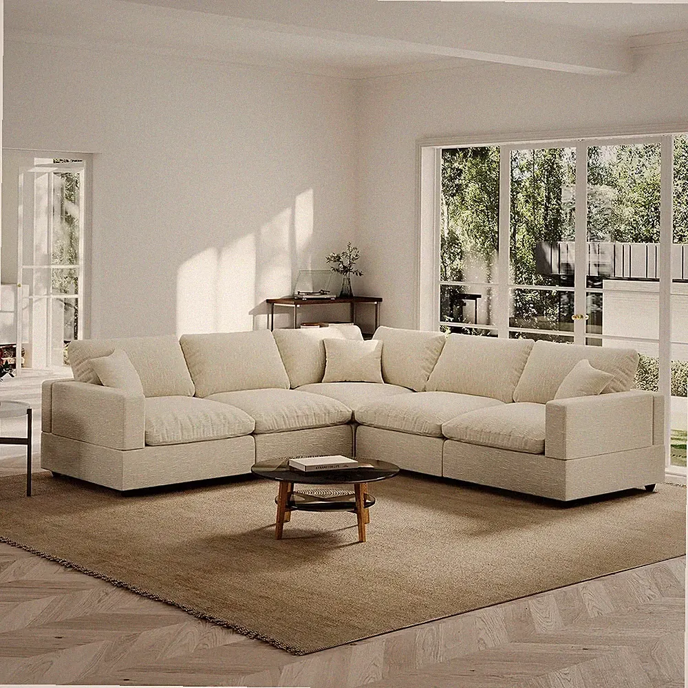 Cloud Sectional Linen Couch for Living Room V-Shape Sofas,5 Seat Modern Modular