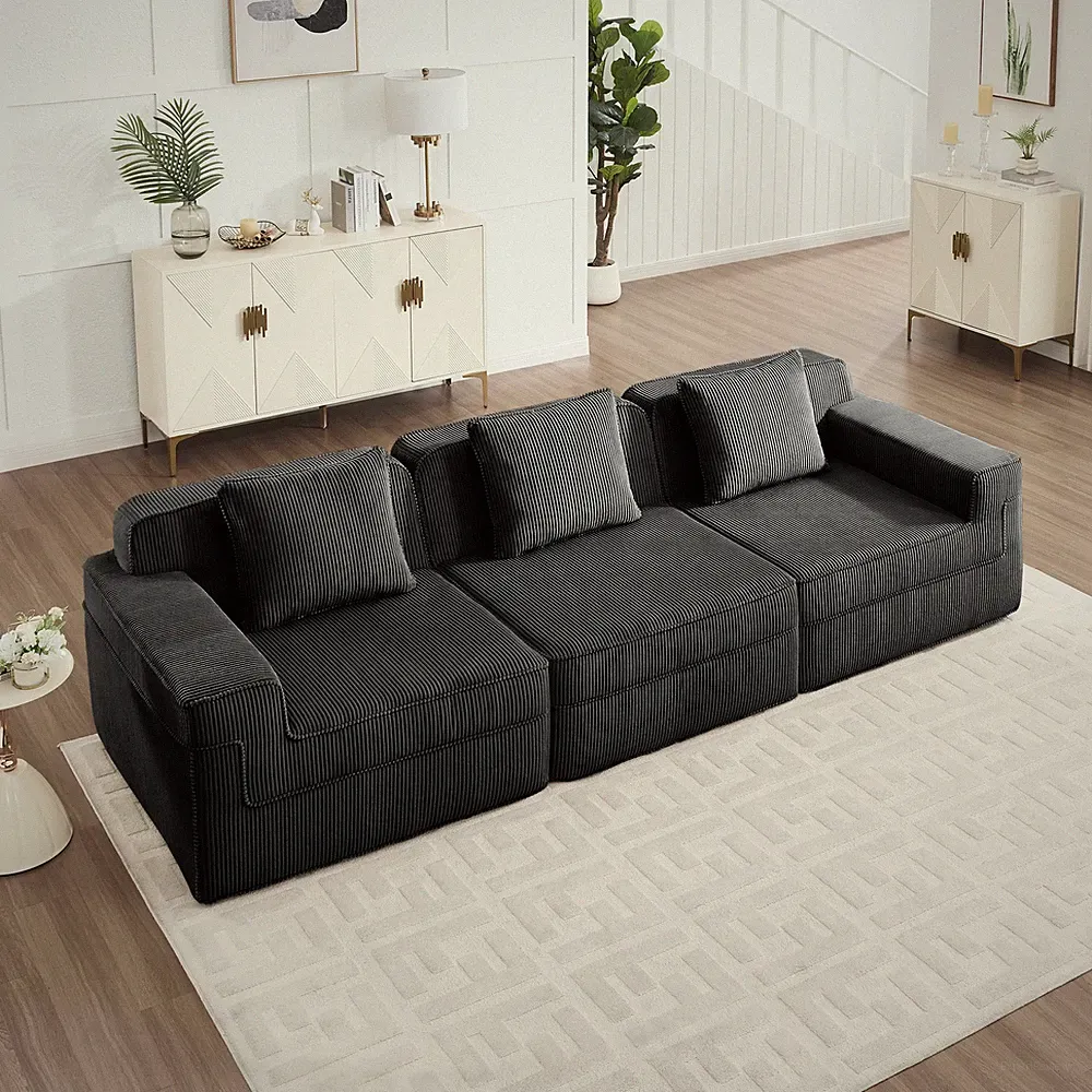 Cloud Sectional Sofa, 3-Seat Modular Corduroy Couch with Throw Pillows