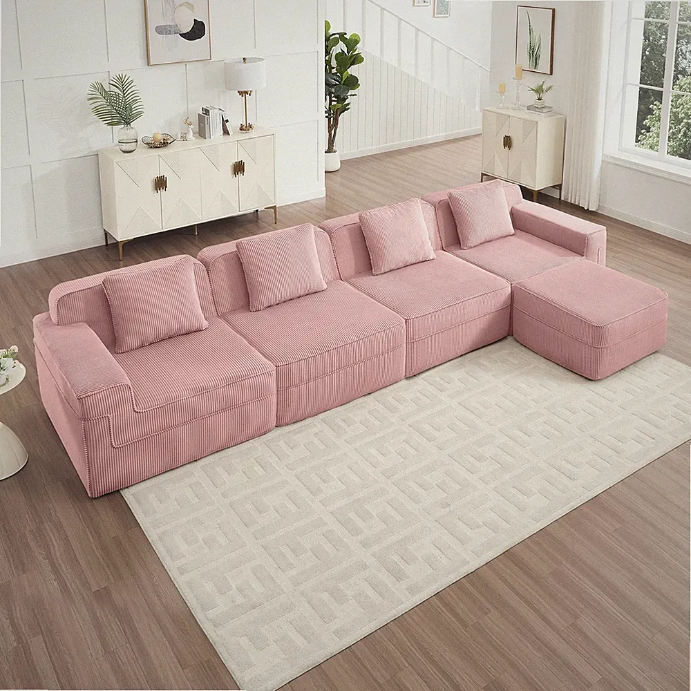 Cloud Sectional Sofa, 4-Seat L-Shape Modular with Ottoman, Pink Corduroy
