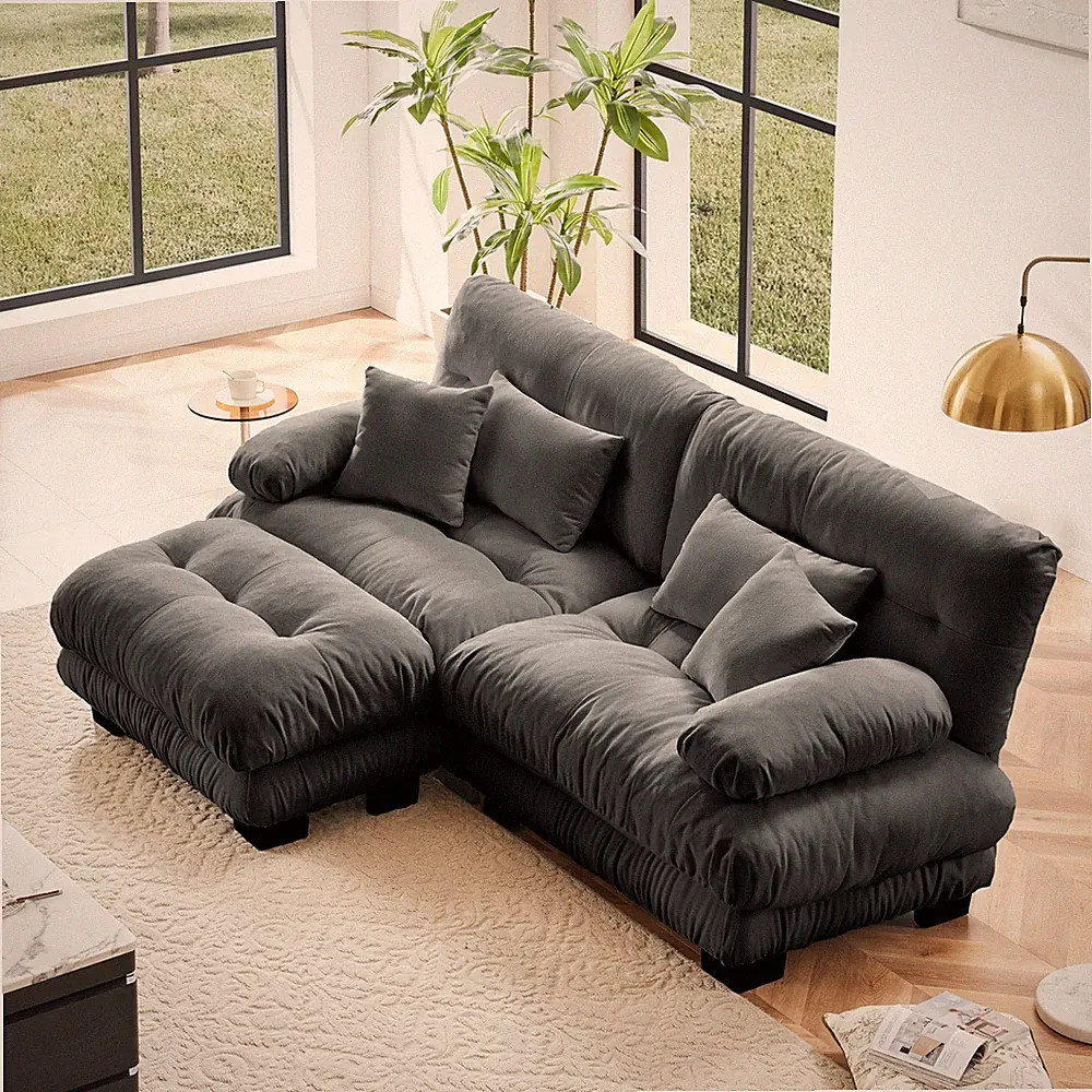 Cloud Sectional Sofa, Chenille 2-Seater Couch w/ Ottoman & Pillows, Gray