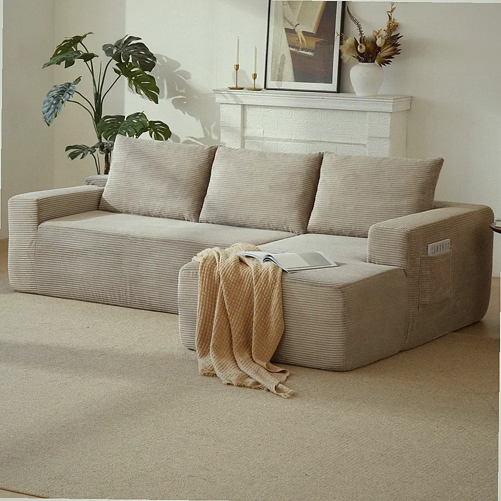 Cloud Sectional Sofa L-Shape Chaise Corduroy Camel Right Modular