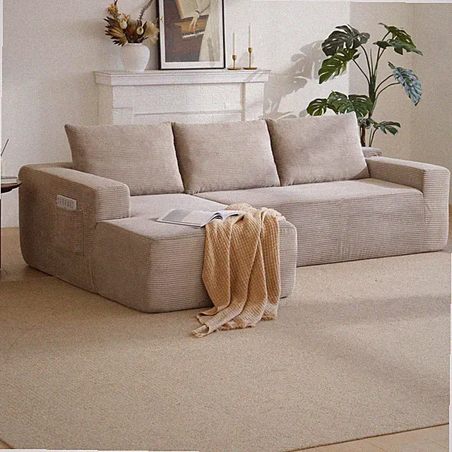 Cloud Sectional Sofa L-Shape Chaise Corduroy Fabric Camel Left
