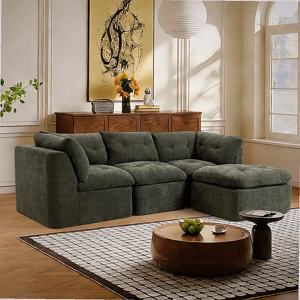 Cloud Sectional Sofa L-Shaped Chenille Fabric Modular 4-Seater Blackish Green