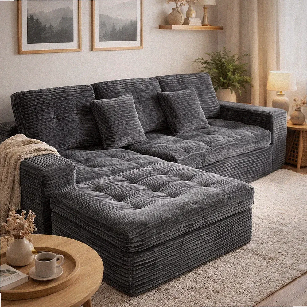 Cloud Sectional Sofa Set Corduroy Modular Couch With Ottoman for Living Room