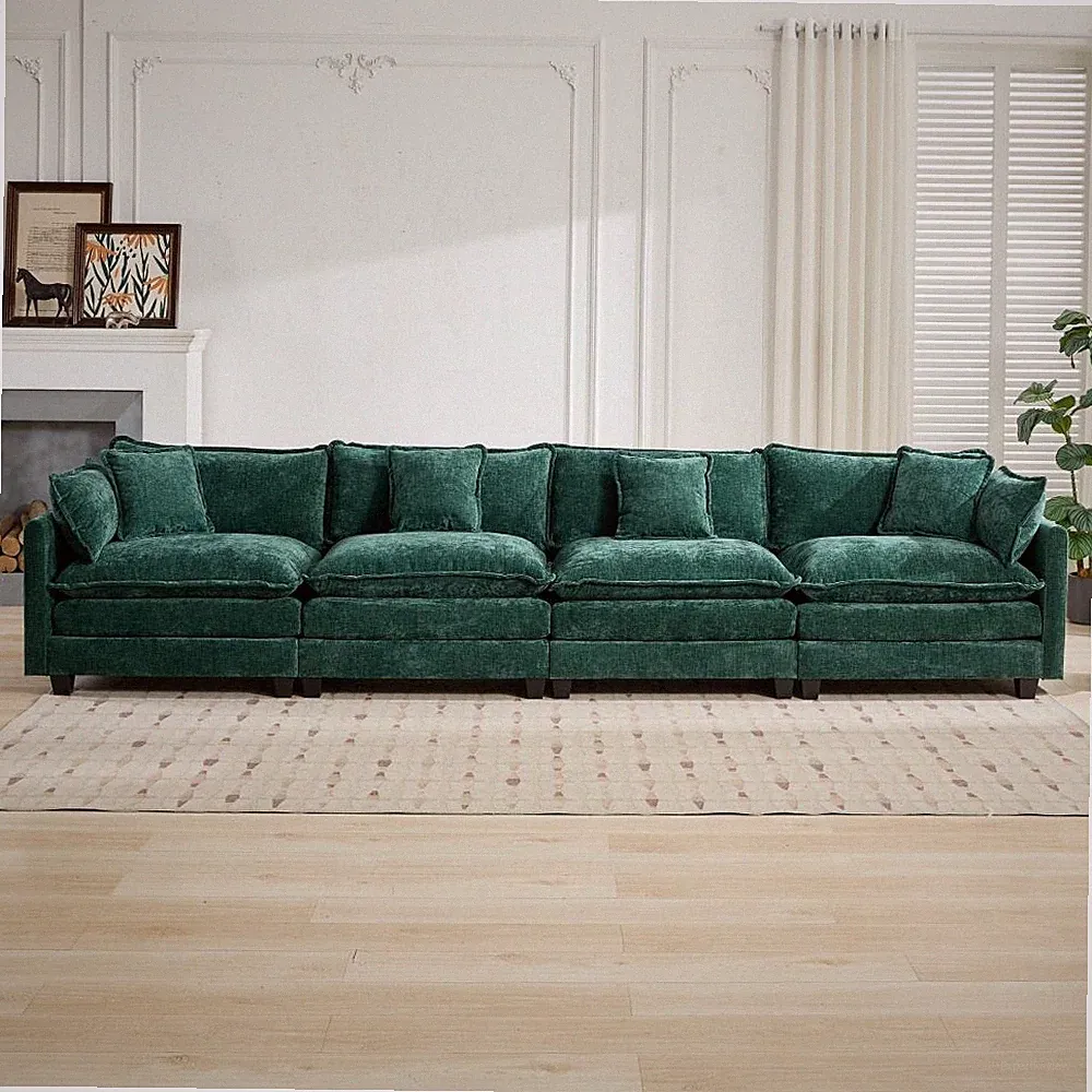 Cloud Sofa 4 Seat Sectional for Living Room w/ Chenille Fabric Medium Soft Green
