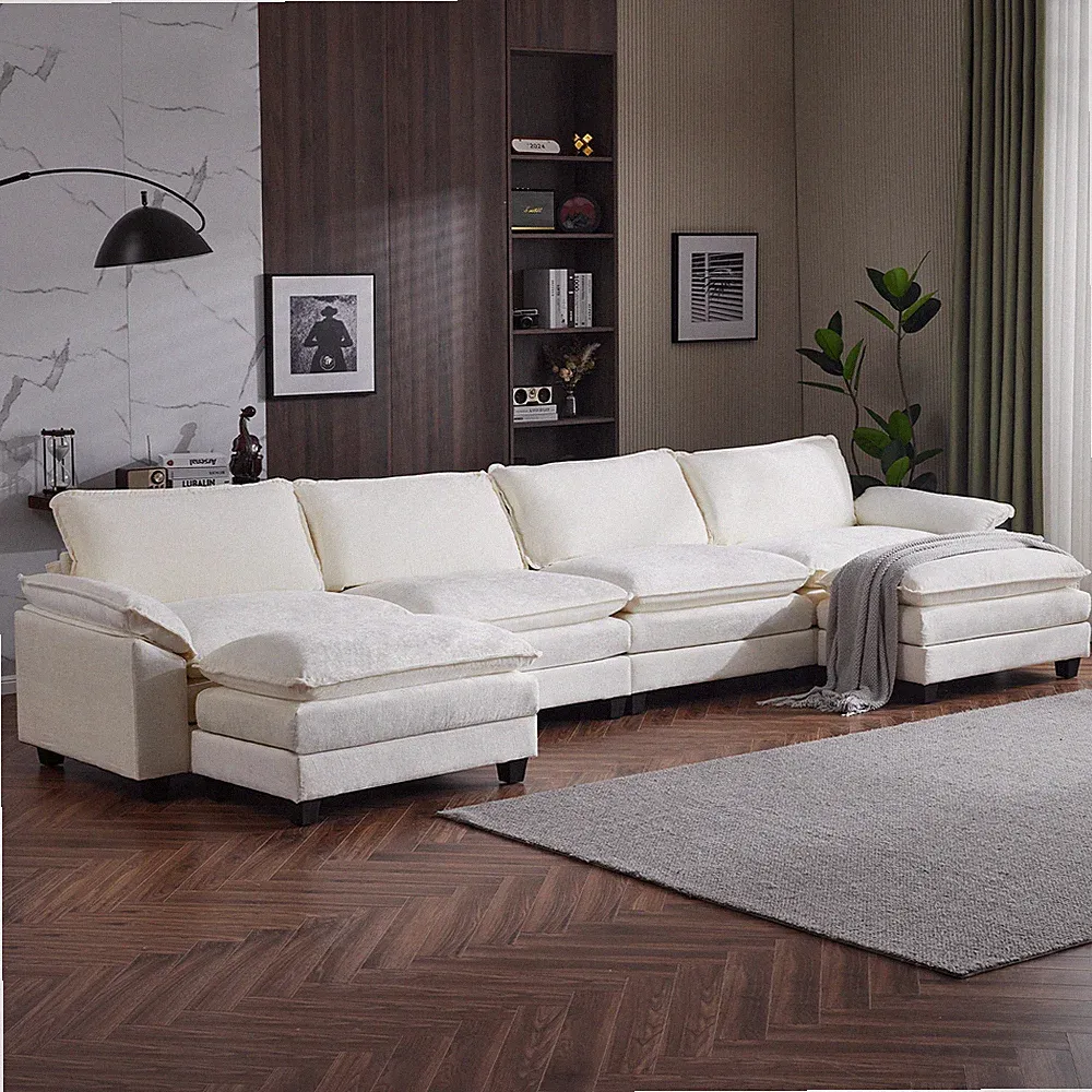 Cloud White/Cream Convertible Sectional Sofa | Comfy L-Shape Extra Deep Seat