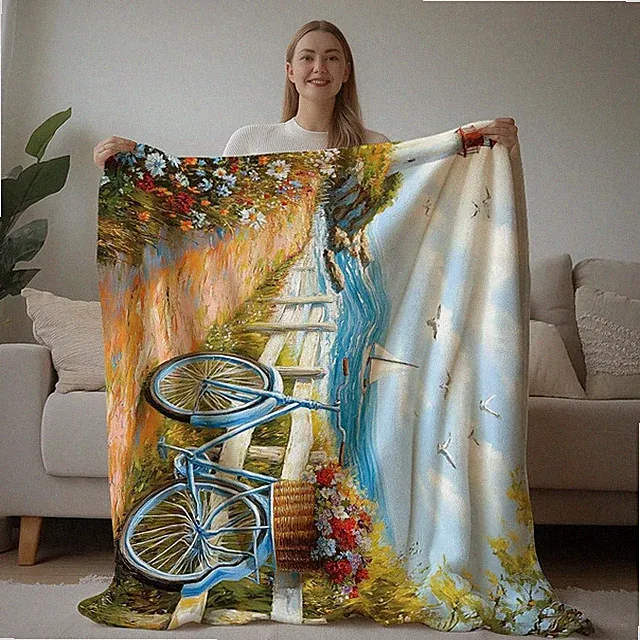 Coastal Beach Throw Blanket Ocean Print Blanket Bicycle and Beach Decor Nauti...