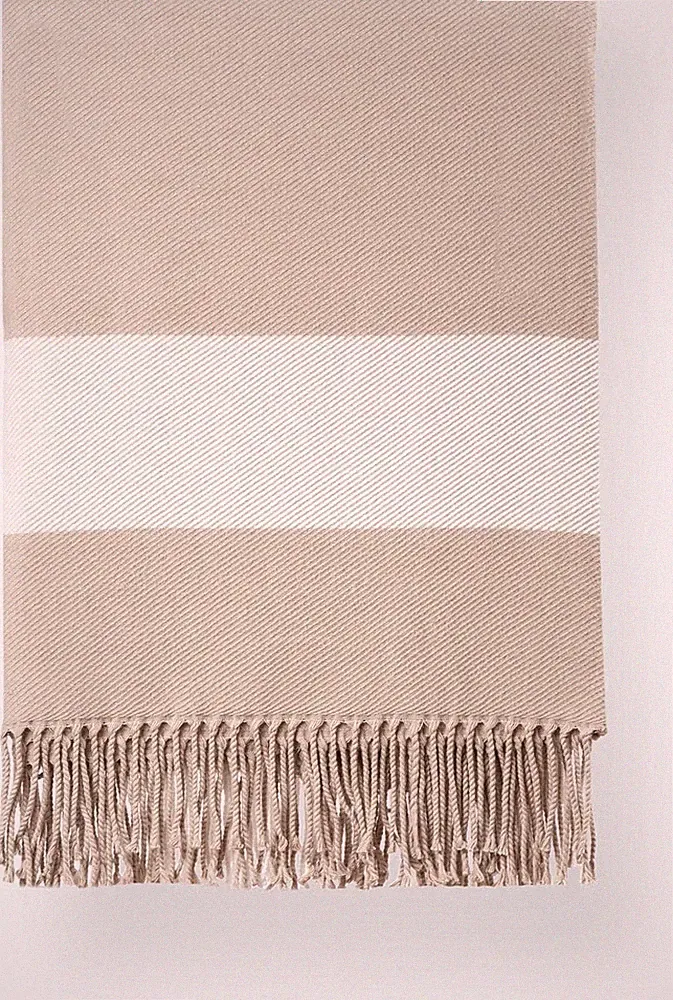 Coastal Tan Plaid Throw Blanket with Fringe for Patio Sofa, 51"x71