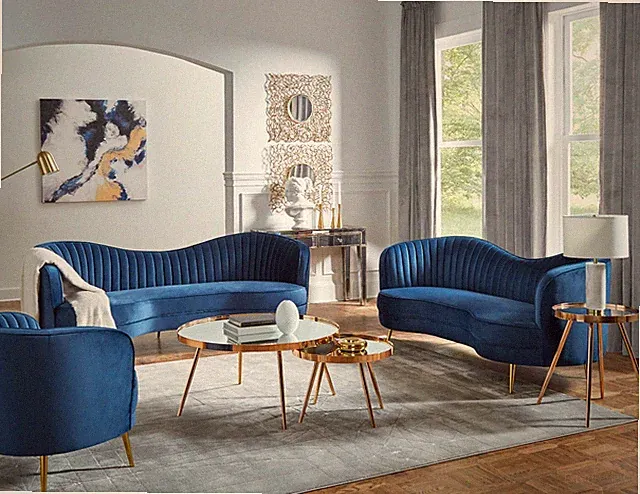 Coaster 506861-S3 Sophia 3pc Curved Sofa Set Couch Loveseat Chair Blue Velvet