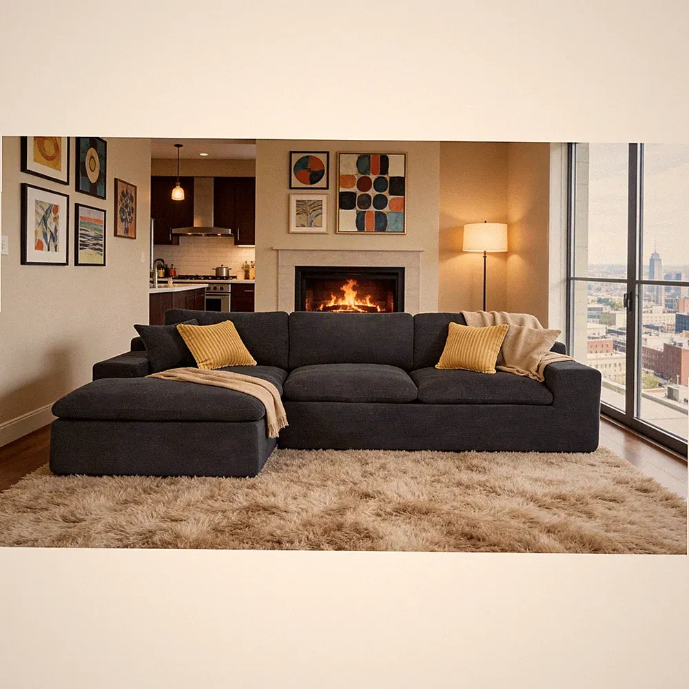 Coffee Bean Upholstered Full Compressed Sectional Sofa, Black, 106" L