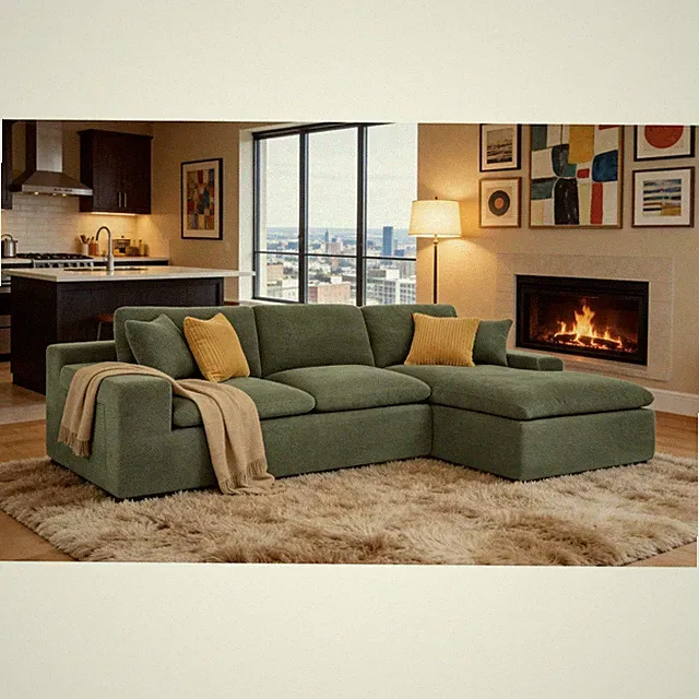 Coffee Bean Upholstered Full Sectional Sofa, 3-Seat, Dark Green, 106"L
