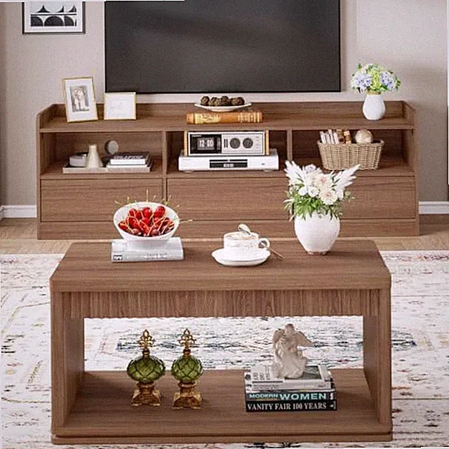 Coffee Table and TV Stand Bundle for Living Room, Walnut TV Console Entertainmen