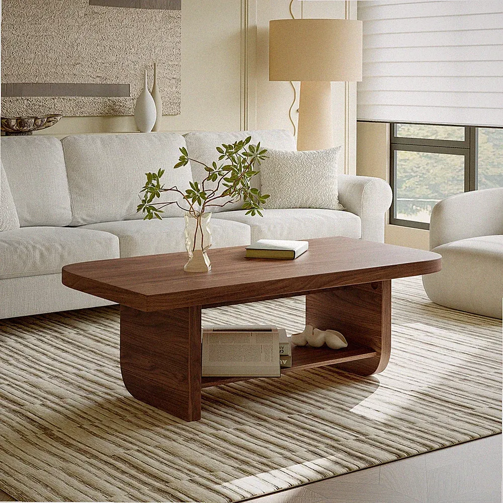 Coffee Table Fan-Shaped 2-Tier with Storage Shelf, Walnut Finish for Living Room