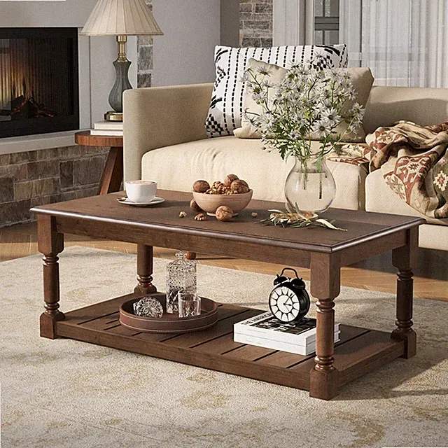 Coffee Table Farmhouse 2-Tier Storage Shelf Solid Wood Rectangle Brown/Black 45"