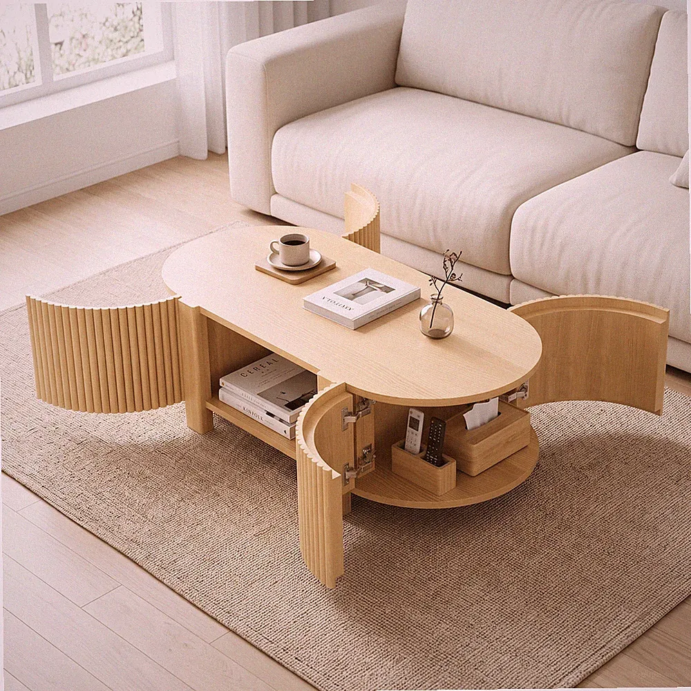 Coffee Table Modern Off-White Wood 47" Fluted Open Shelf Storage Furniture
