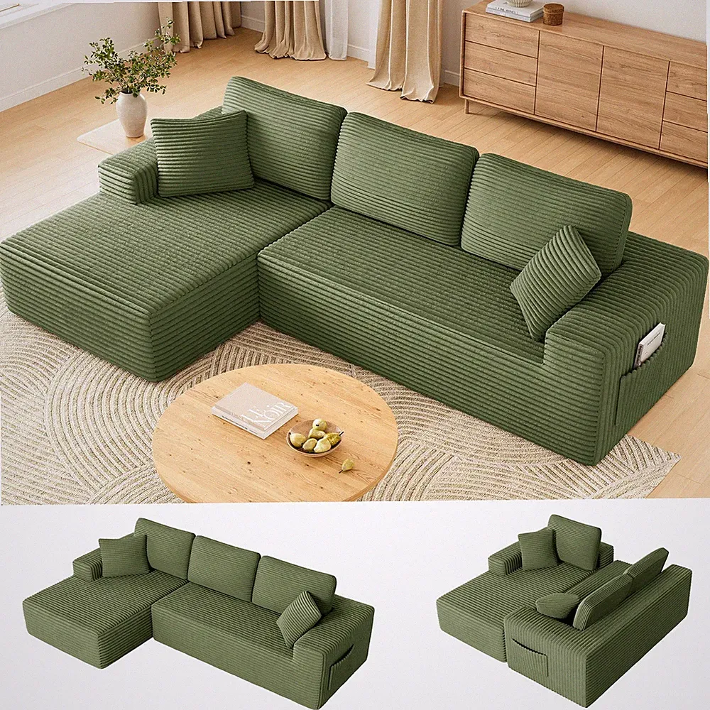 COFUNOK 108" Oversized Boneless L-Shaped Corduroy Sectional Sofa, Modern Tufted