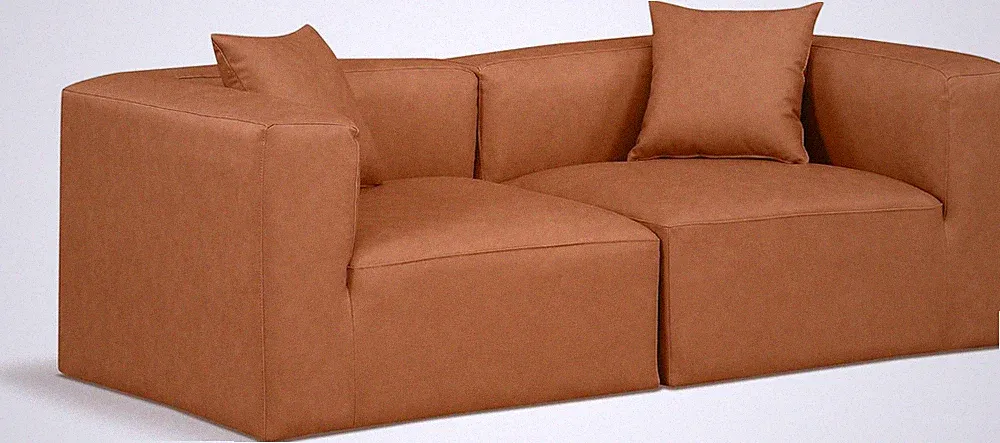 Cognac Vegan Leather Modular Sofa - Modern Cube Collection, 72" W X 36" D