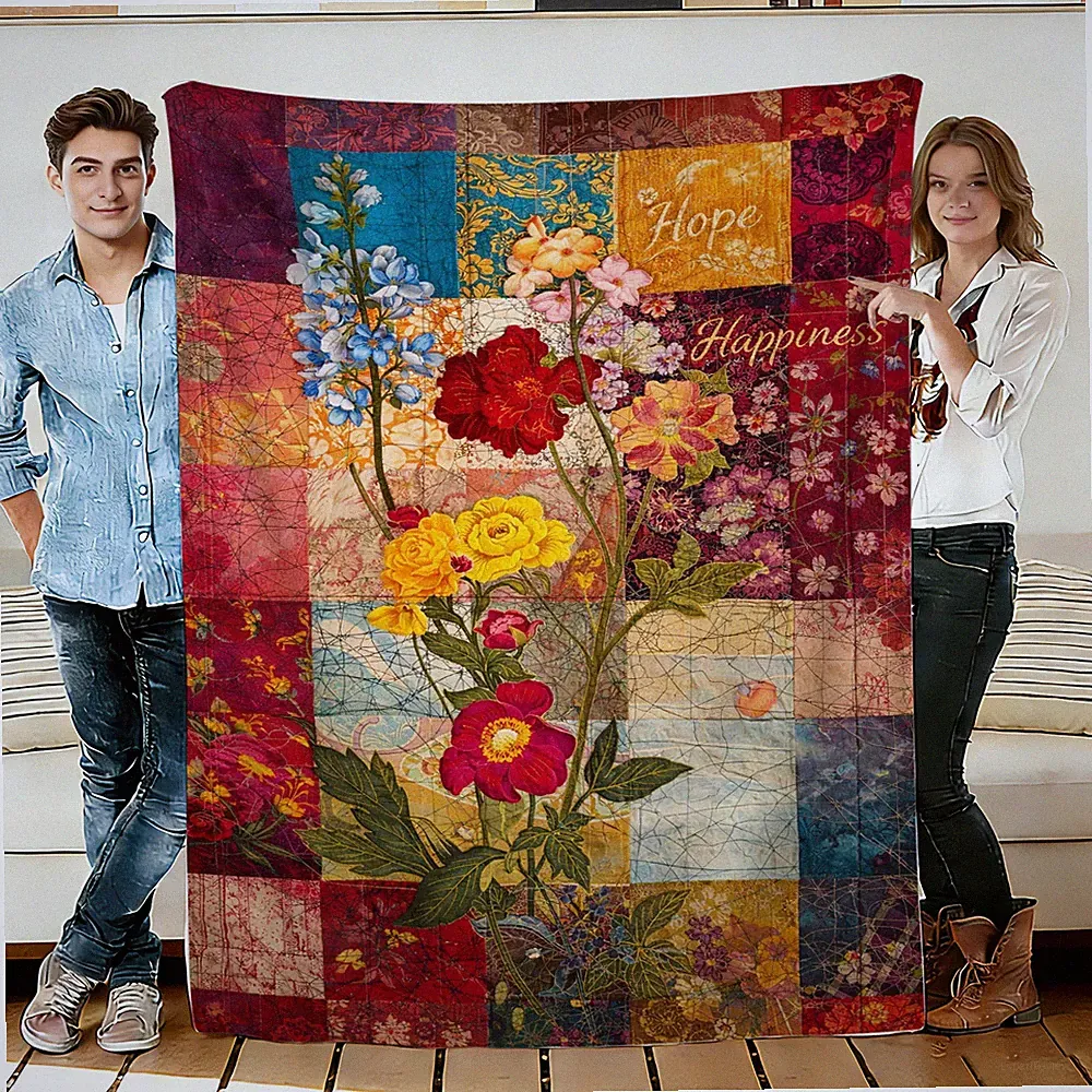Colorful Floral Patchwork Flannel Throw Blanket Soft Travel Sofa Bed Blanket