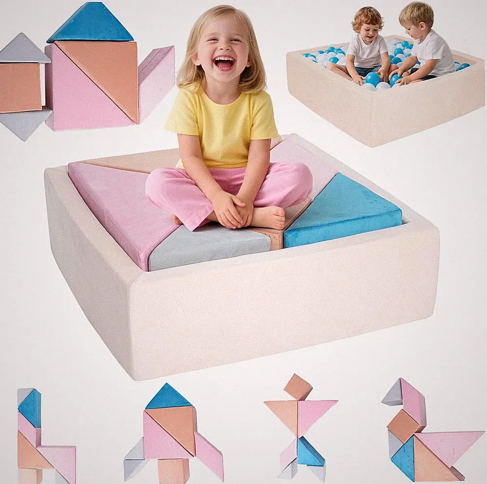 Colorful Modular Kids Play Couch with Tangram Puzzles & Ball Pit (Pink)