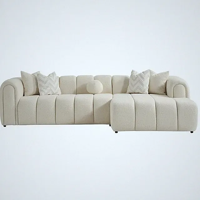 Columbus Mid Century Living Room Puffy Sectional Fabric Sofa in Ivory Boucle