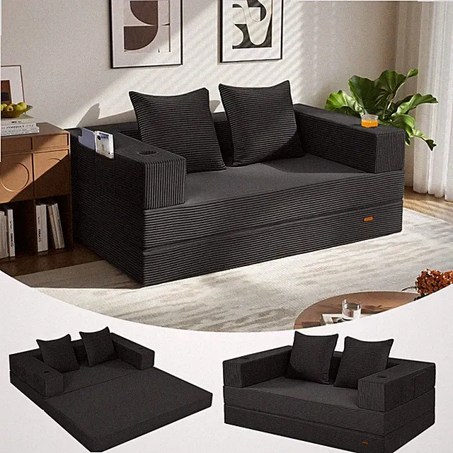 COMAX Futon Sofa Bed, 4‑in‑1 Convertible L-Shaped Loveseat, Black