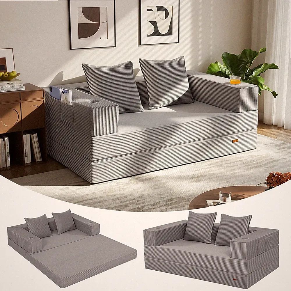 COMAX Futon Sofa Bed, 4‑in‑1 Convertible L-Shaped Loveseat, Light Grey