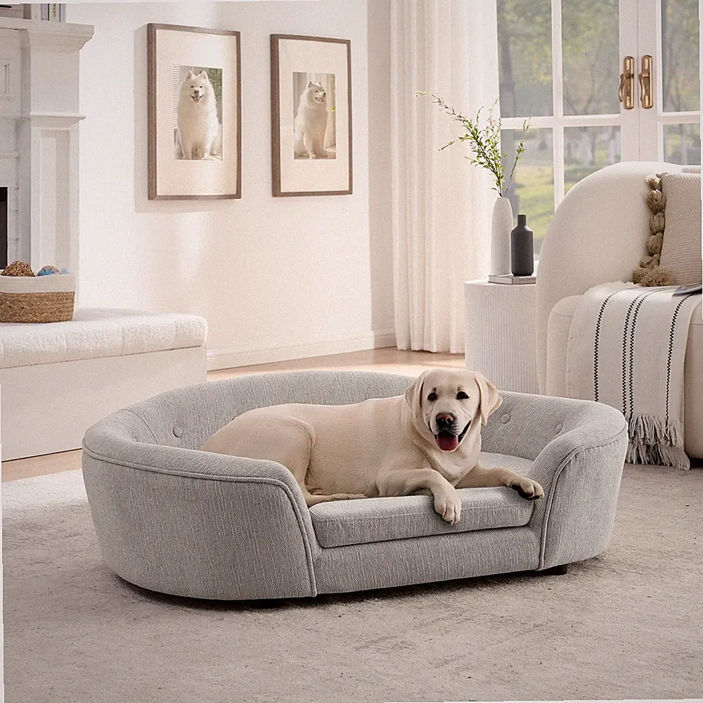 Comfort Oval Dog Sofa Durable Linen Fabric Pet Couch Bed with Backrest
