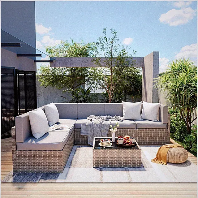 Comfortable 7-Piece Rattan Outdoor Sofa Set with Washable Covers - Modern Design
