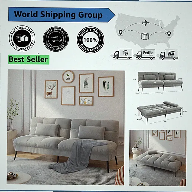 Comfortable 72″ Futon Sofa Bed with Adjustable Backrest - Grey Fabric