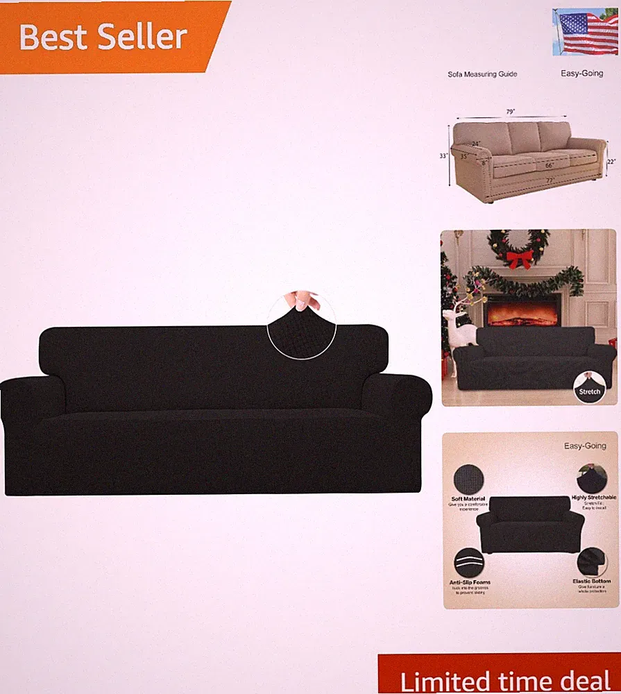 Comfortable Elastic Couch Cover for Large Sofas - Easy to Install, Black