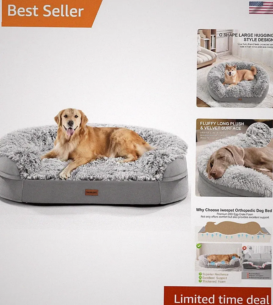 Comfortable Fluffy Orthopedic Dog Sofa Bed - Waterproof & Washable, 44in Grey