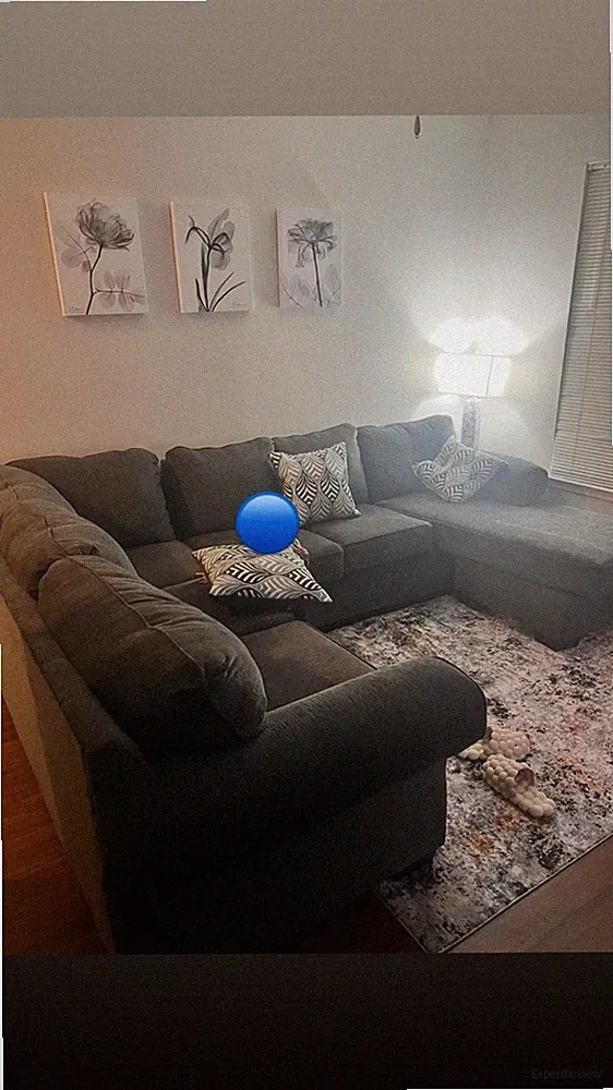 Comfortable gray sectional sofa in excellent condition. Canvas art included.