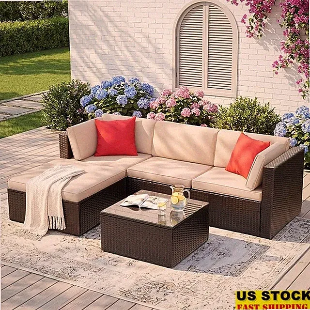 Comfortable Modern Outdoor Sectional Sofa Set W/ Cushions & Glass Coffee Table