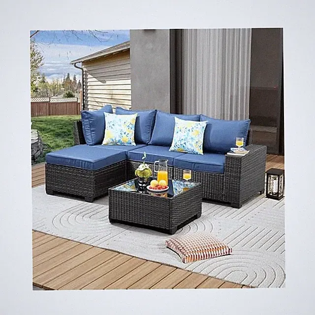 Comfortable Outdoor Sectional, 5 Piece Wicker Sofa Set with Cushions, Navy