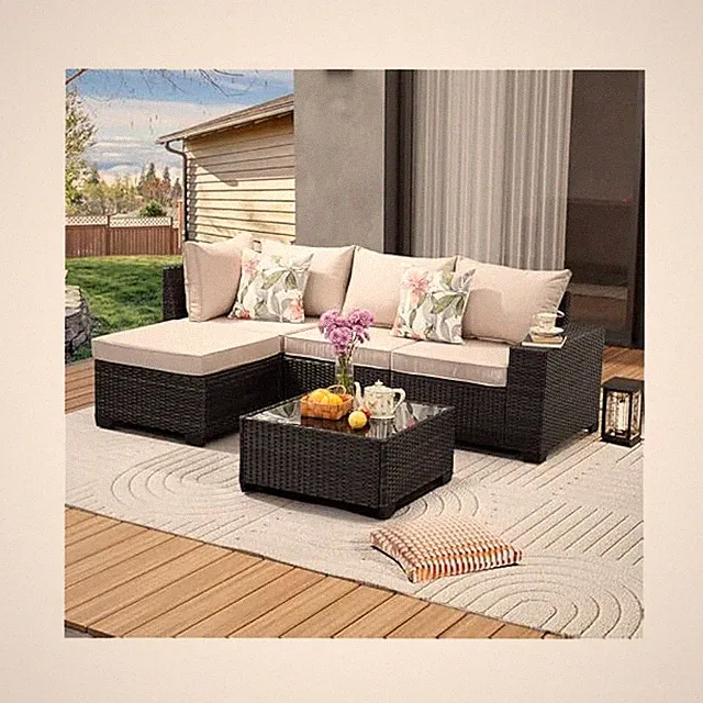 Comfortable Patio Sofa Set, 5pc Wicker with Thick Cushions & Wide Arms