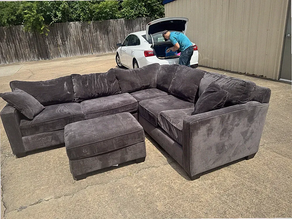Comfortable Plush Grey Sectional Sofa with Ottoman