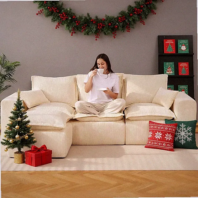 Comfy 107" L-Shaped Modular Sofa in Soft Beige Corduroy - No Assembly Needed