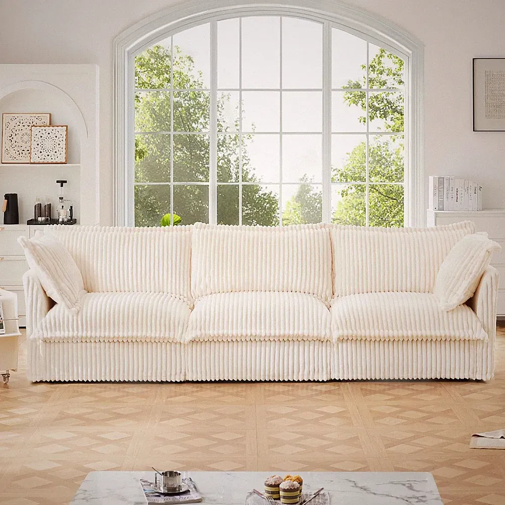 Comfy 120" White Corduroy Sectional Sofa with Big Pillows for Living Room