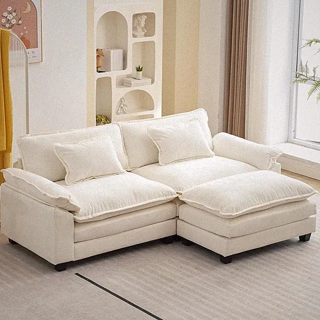 Comfy 86" Modular Sectional Sofa with Ottoman & Pillows - Beige White L Shape